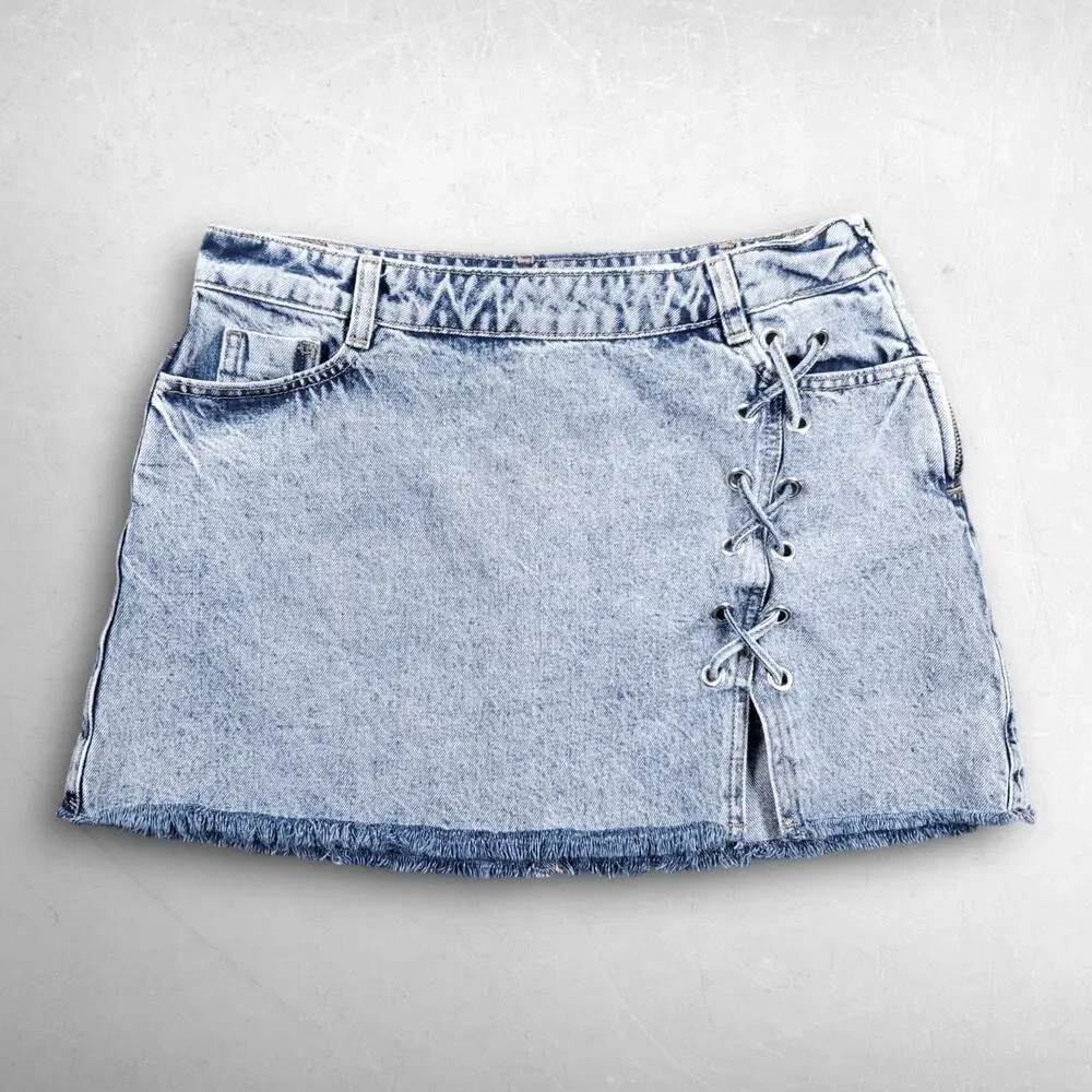 Zara Denim Micro Mini Skirt Women S Lt Blue Asymmetric Lace Up Front Slit Grunge